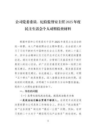 公司党委委员、纪检监督室主任2025年度民主生活会个人对照检查材料