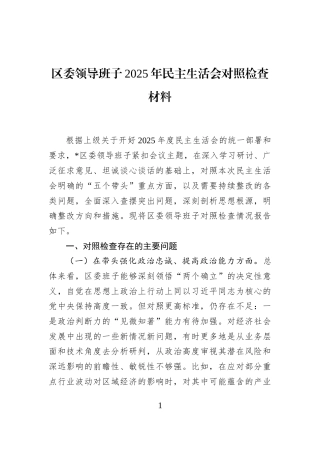 区委领导班子2025年民主生活会对照检查材料