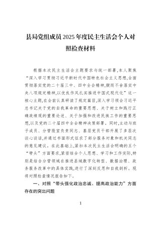 县局党组成员2025年度民主生活会个人对照检查材料
