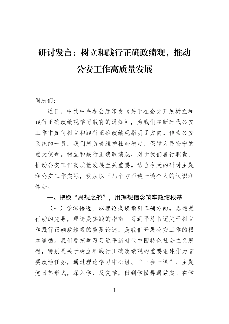 研讨发言：树立和践行正确政绩观，推动公安工作高质量发展_第1页