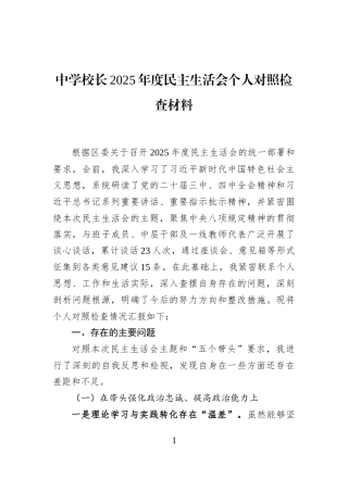 中学校长2025年度民主生活会个人对照检查材料