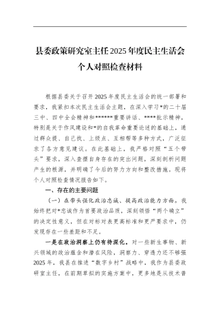 县委政策研究室主任2025年度民主生活会个人对照检查材料