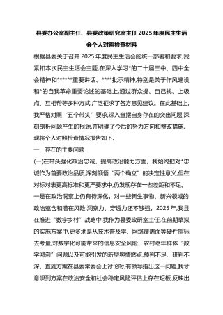 县委办公室副主任、县委政策研究室主任2025年度民主生活会个人对照检查材料