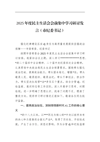 2025年度民主生活会会前集中学习研讨发言（市纪委书记）