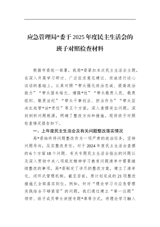 应急管理局2025年度民主生活会的班子对照检查材料