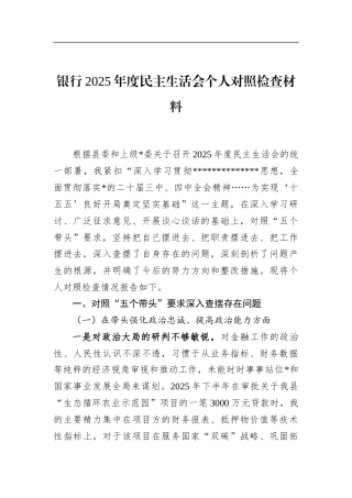 银行2025年度民主生活会个人对照检查材料