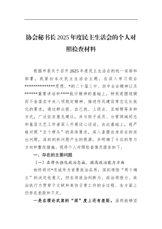 协会秘书长2025年度民主生活会的个人对照检查材料