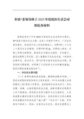 乡镇领导班子2025年度组织生活会对照检查材料