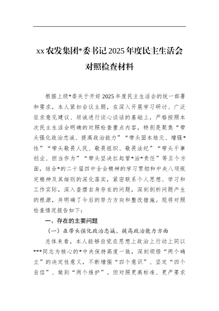 农发集团书记2025年度民主生活会对照检查材料