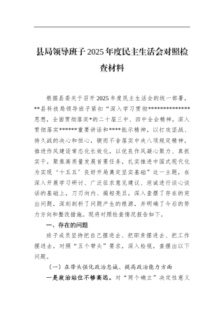 县局领导班子2025年度民主生活会对照检查材料