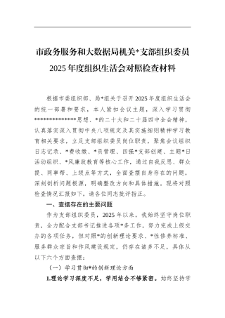 市政务服务和大数据局机关支部组织委员2025年度组织生活会对照检查材料