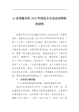 市委秘书长2025年度民主生活会对照检查材料