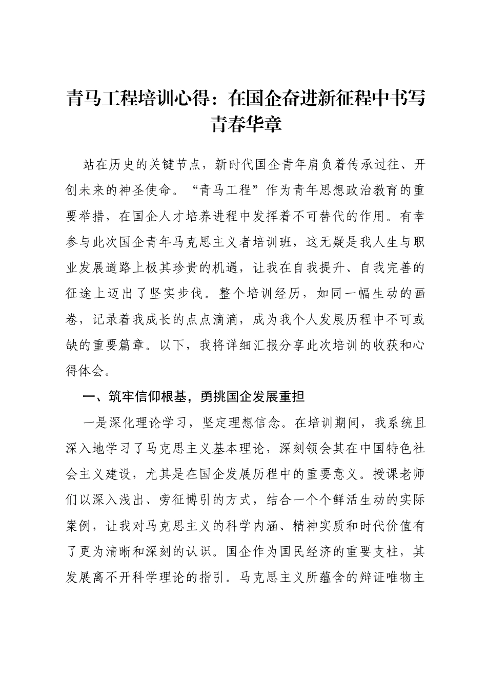 青马工程培训心得：在国企奋进新征程中书写青春华章_第1页