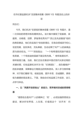在市纪委监委机关支部集体观看《榜样10》专题活动上的讲话