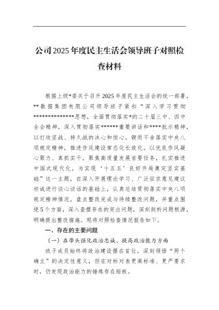 公司2025年度民主生活会领导班子对照检查材料