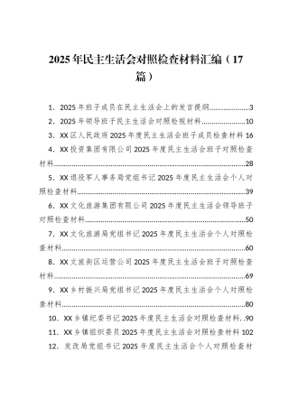 2025年度民主生活会对照检查材料（17篇）