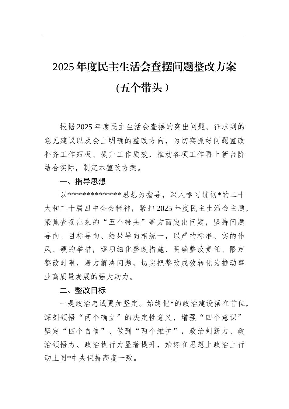 2025年度民主生活会查摆问题整改方案(五个带头）_第1页