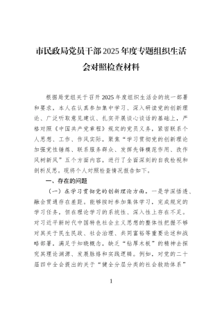 市民政局党员干部2025年度专题组织生活会对照检查材料