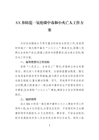 XX乡防范一氧化碳中毒和小火亡人工作方案