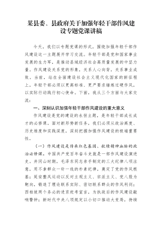 某县委、县政府关于加强年轻干部作风建设专题党课讲稿