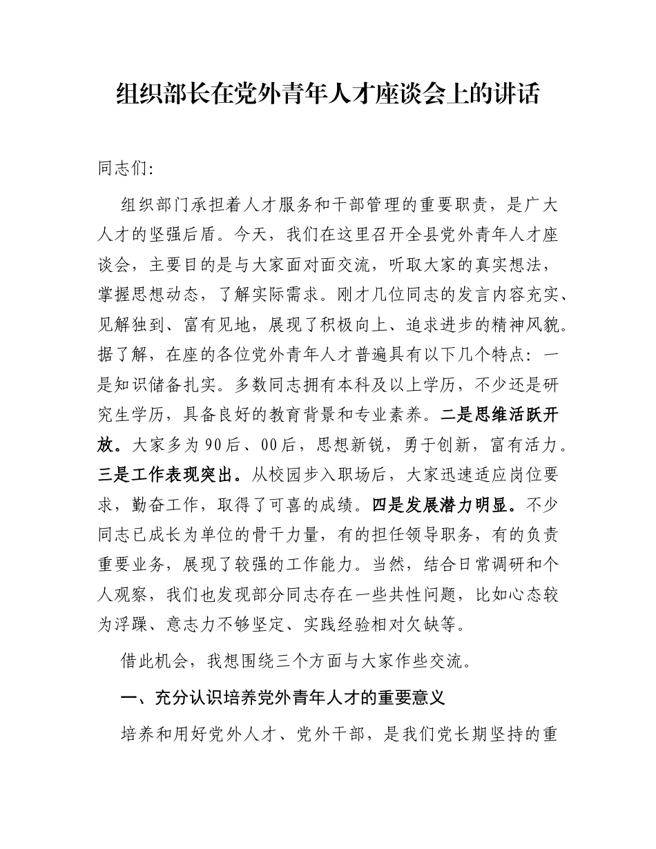 组织部长在党外青年人才座谈会上的讲话_第1页