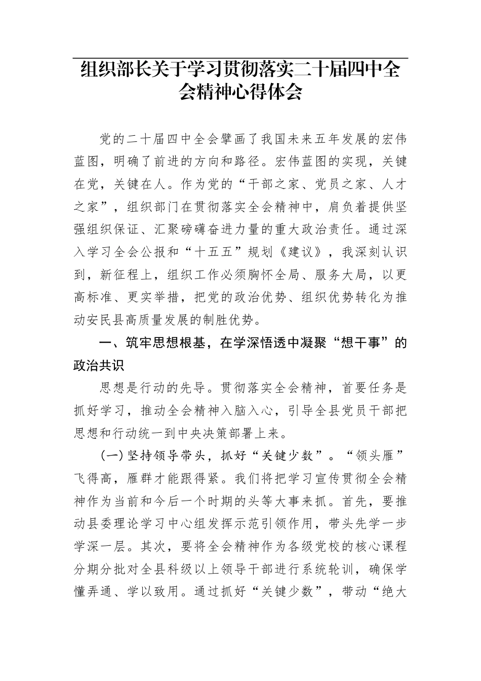 组织部长关于学习贯彻落实二十届四中全会精神心得体会_第1页