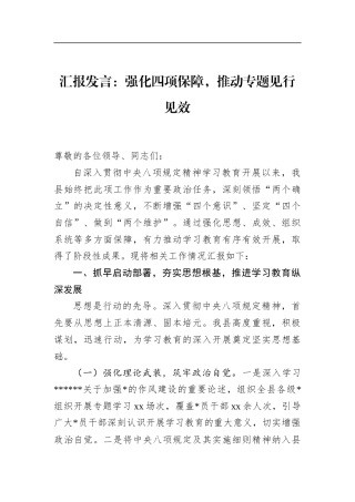 汇报发言：强化四项保障，推动专题见行见效