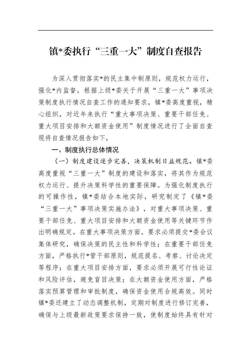 镇执行“三重一大”制度自查报告_第1页