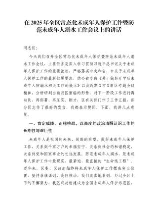在2025年全区常态化未成年人保护工作暨防范未成年人溺水工作会议上的讲话
