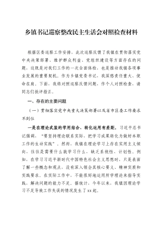 乡镇书记巡察整改民主生活会对照检查材料