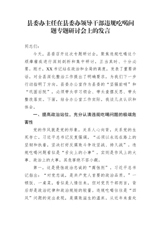 县委办主任在县委办领导干部违规吃喝问题专题研讨会上的发言