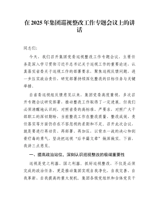 在2025年集团巡视整改工作专题会议上的讲话