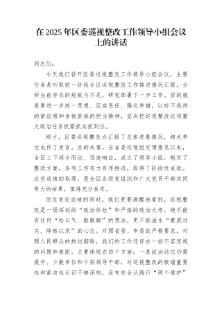 在2025年区委巡视整改工作领导小组会议上的讲话