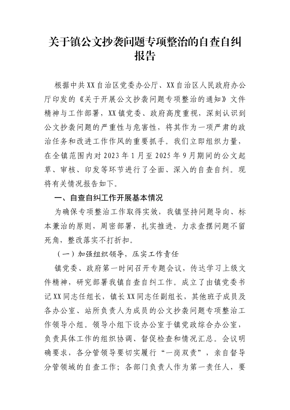 关于公文抄袭问题专项整治的自查自纠报告_第1页