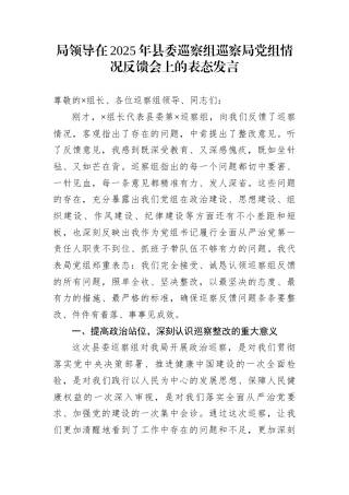 局领导在2025年县委巡察组巡察局党组情况反馈会上的表态发言