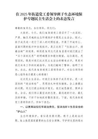 在2025年街道党工委领导班子生态环境保护专题民主生活会上的表态发言