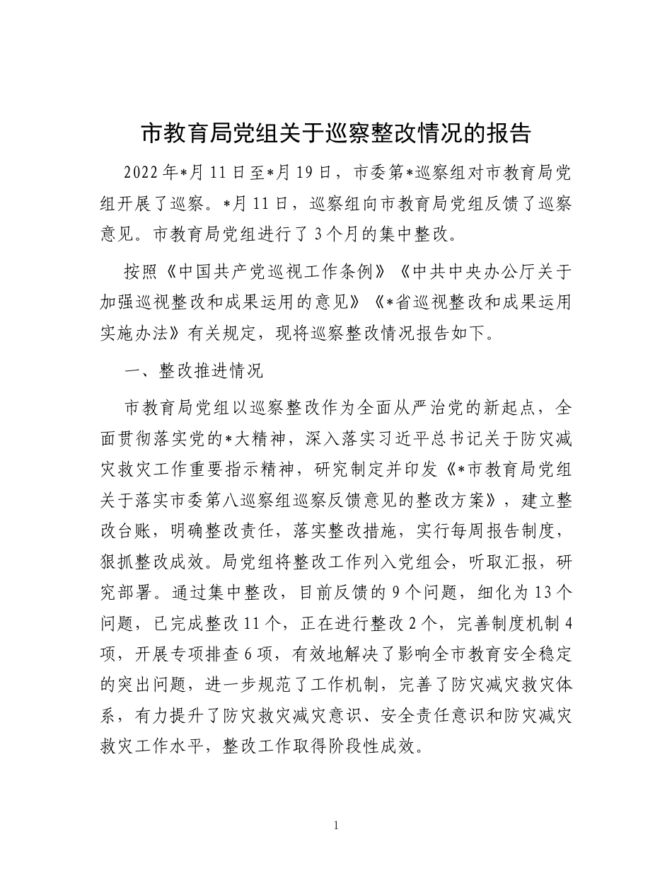市教育局党组关于巡察整改情况的报告_第1页