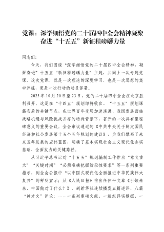 党课：深学细悟党的二十届四中全会精神凝聚奋进“十五五”新征程磅礴力量(15265字)