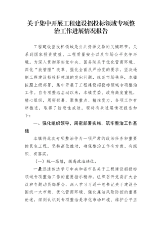 关于集中开展工程建设招投标领域专项整治工作进展情况报告