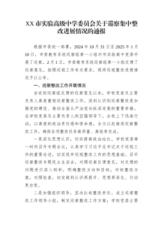 XX市实验高级中学委员会关于巡察集中整改进展情况的通报