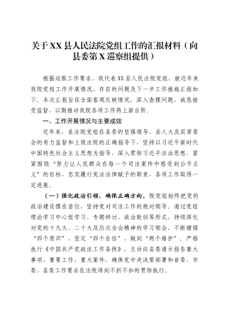 关于XX县人民法院党组工作的汇报材料（向县委第X巡察组提供）