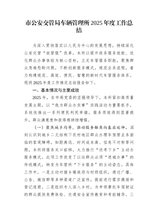 市公安交管局车辆管理所2025年度工作总结
