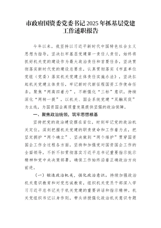 市政府国资委党委书记2025年抓基层党建工作述职报告