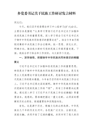 乡党委书记关于民族工作研讨发言材料