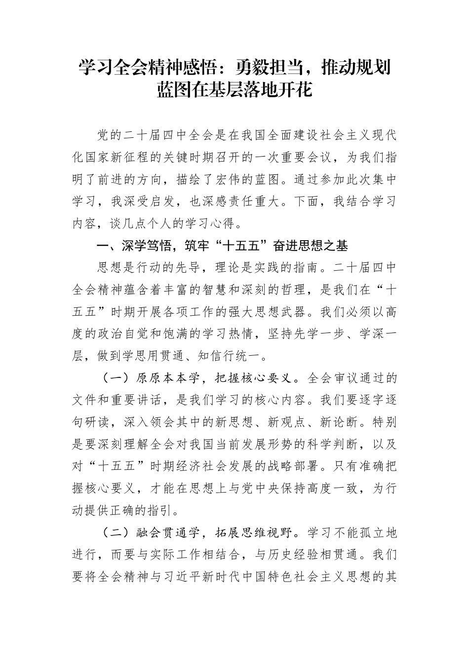 学习全会精神感悟：勇毅担当，推动规划蓝图在基层落地开花_第1页