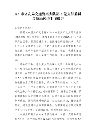 XX市公安局交通警察大队第X党支部委员会换届选举工作报告