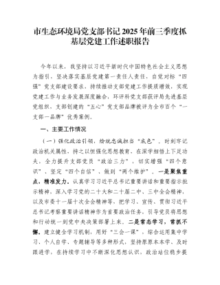 市生态环境局党支部书记2025年前三季度抓基层党建工作述职报告