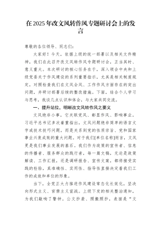 在2025年改文风转作风专题研讨会上的发言