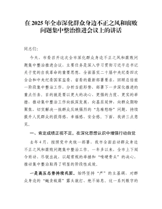 在2025年全市深化群众身边不正之风和腐败问题集中整治推进会议上的讲话