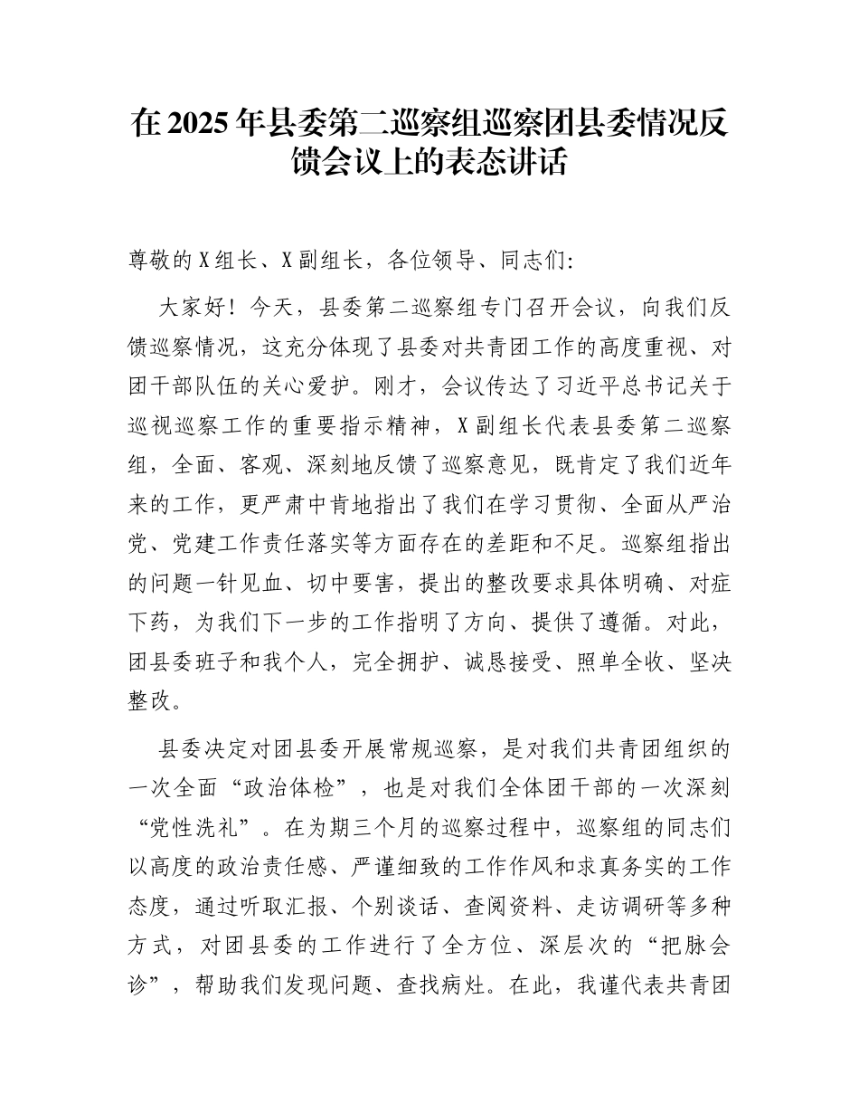 在2025年县委第二巡察组巡察团县委情况反馈会议上的表态讲话_第1页